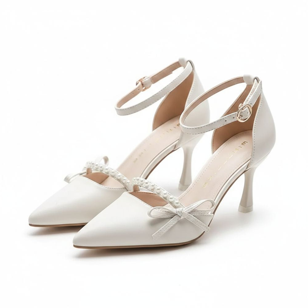 Sophia | Elegant Pearl Bow Ankle Strap Heels