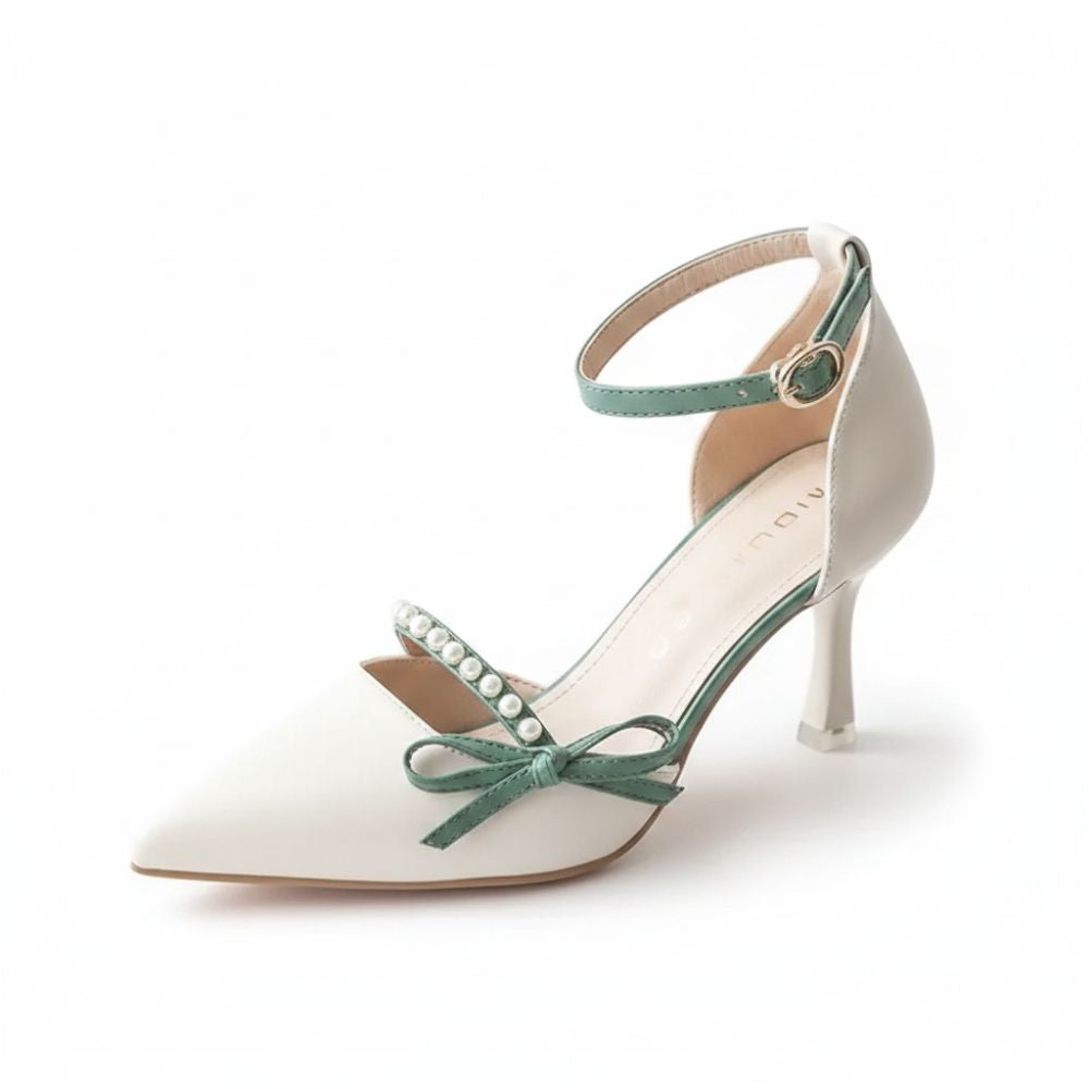 Sophia | Elegant Pearl Bow Ankle Strap Heels