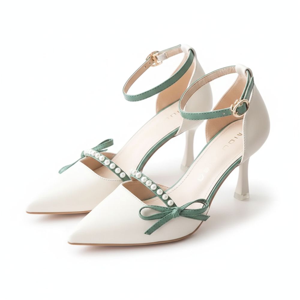 Sophia | Elegant Pearl Bow Ankle Strap Heels