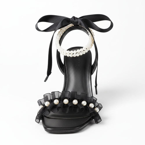 Emma | Elegant Ruffled Pearl Slingback Block Heel Sandals