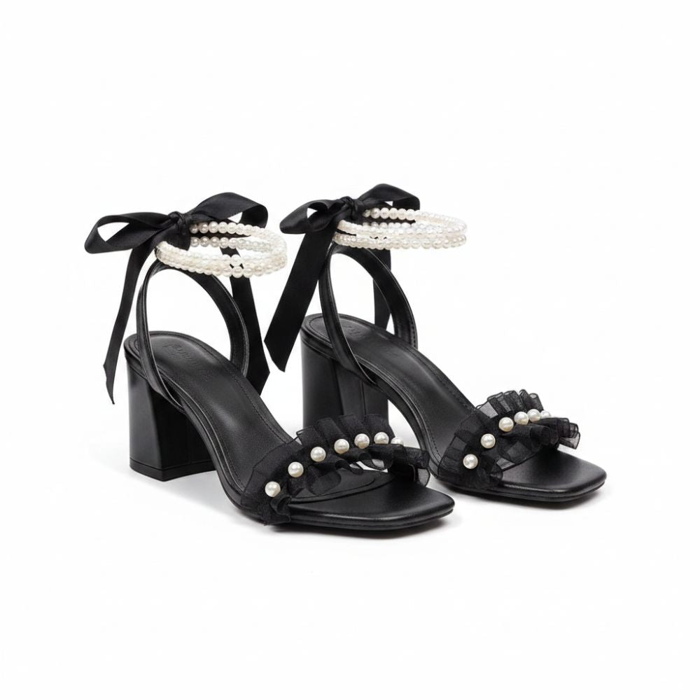Emma | Elegant Ruffled Pearl Slingback Block Heel Sandals