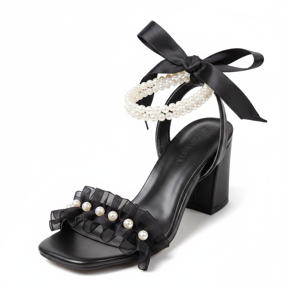Emma | Elegant Ruffled Pearl Slingback Block Heel Sandals