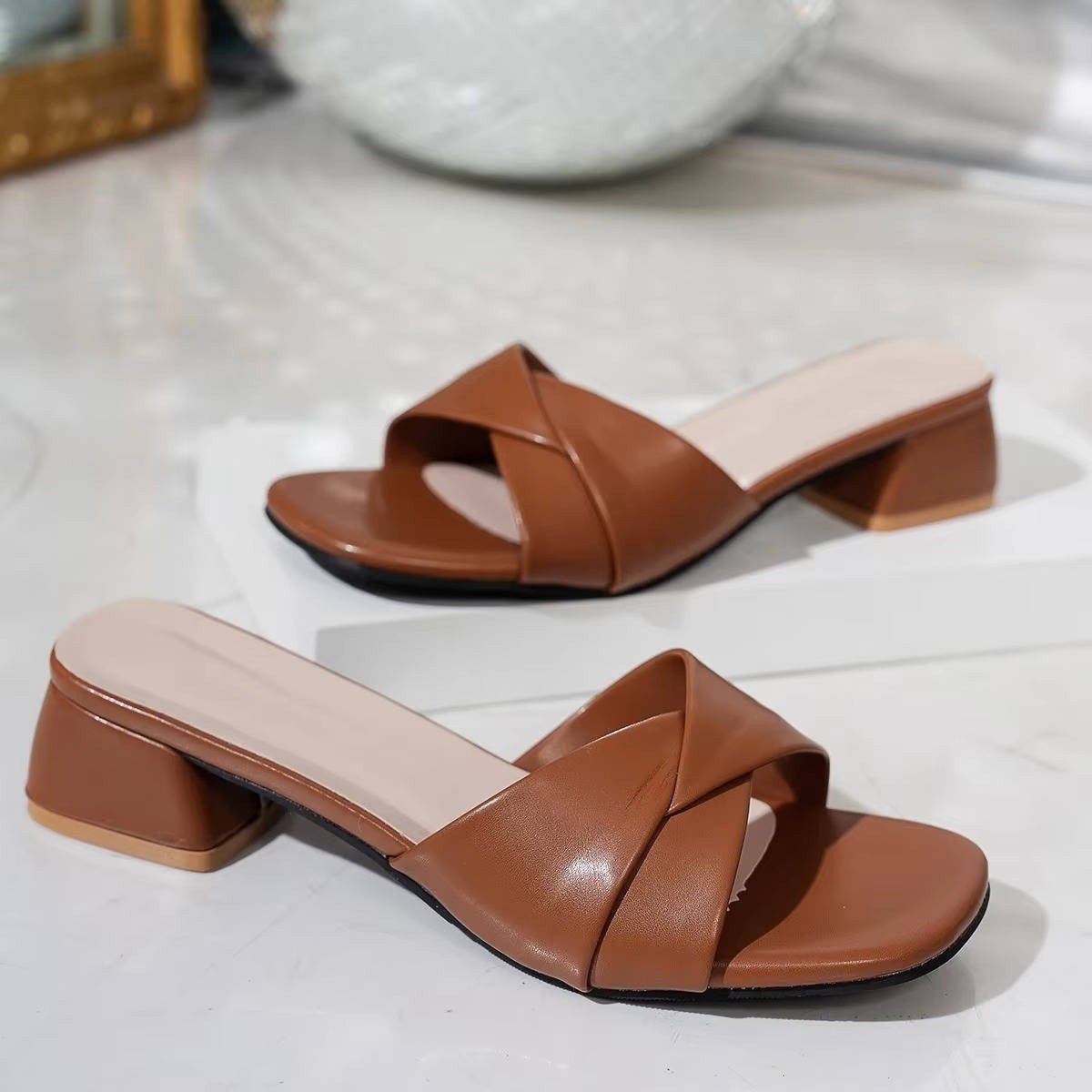 Juliet Block Heel Leather Slide Sandals - detail