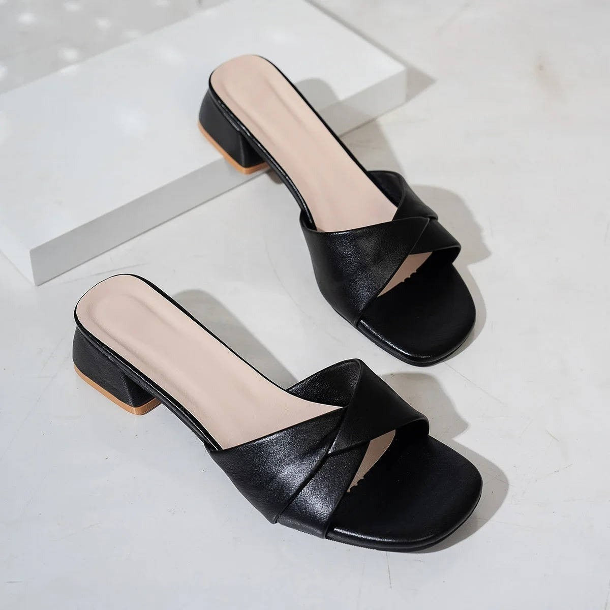 Juliet Block Heel Leather Slide Sandals - detail