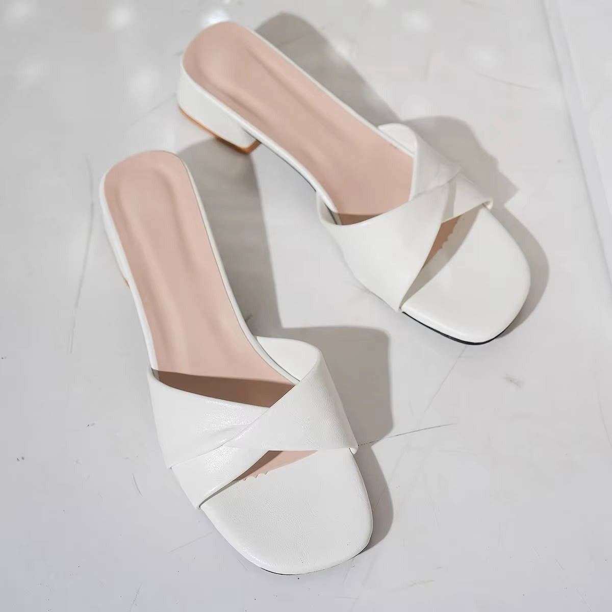 Juliet Block Heel Leather Slide Sandals - detail