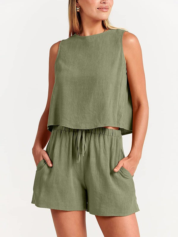 Flora linen 2 piece short set - Green