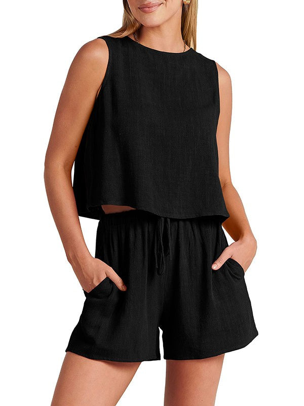 Flora linen 2 piece short set - Black