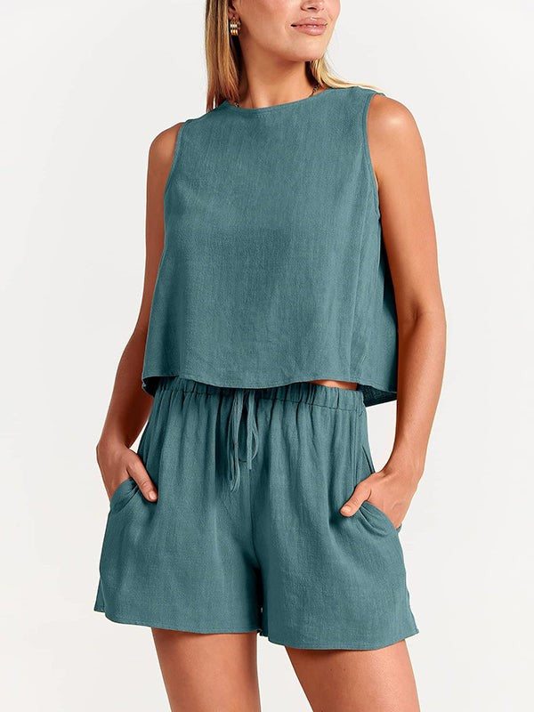 Flora linen 2 piece short set - Blue
