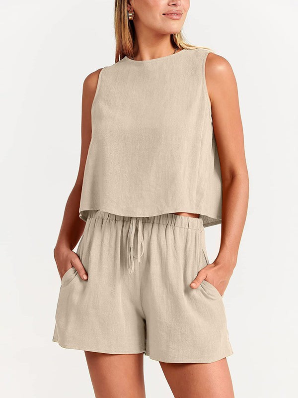Flora linen 2 piece short set - Beige